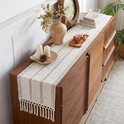 Boho Table Runner with Tassels White - Image 5