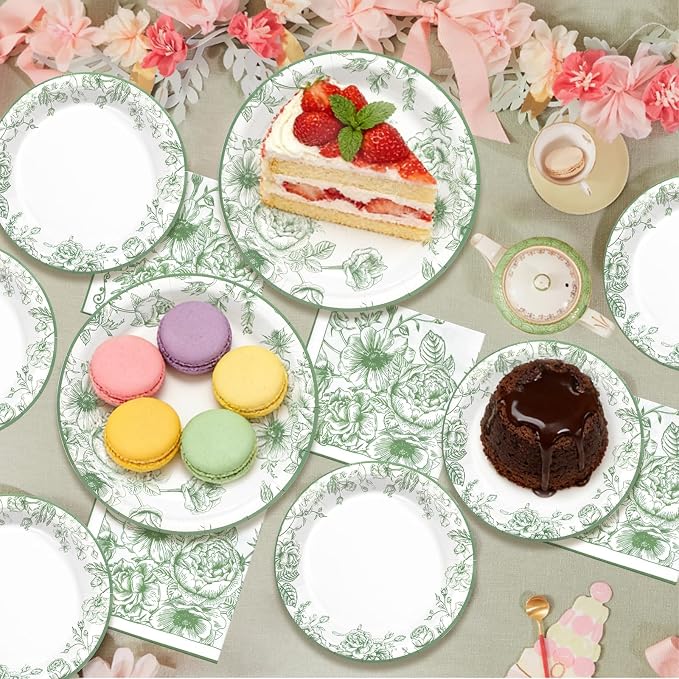 Sage Green Floral Plates and Napkins Party Supplies, Serve 60 Guests | 180pcs - Image 4