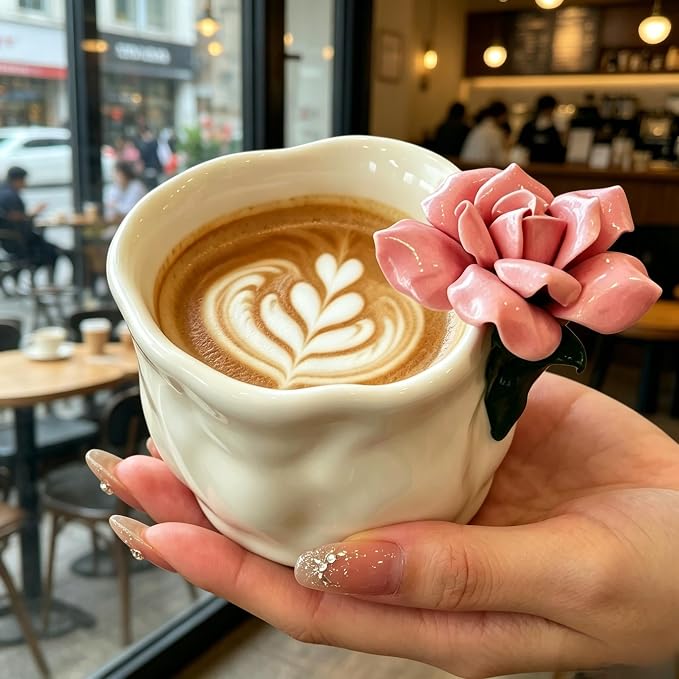 Hand Pinched Flower Ceramic Coffee Mug, Handleless 10oz Cube Cup - Image 3