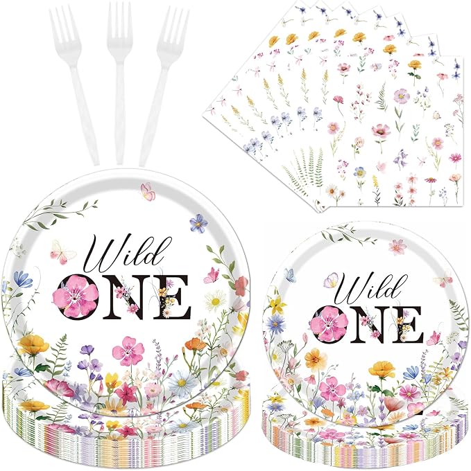 Rakuto Wildflower 1st Birthday Decorations Supplies, Disposable Floral Paety by Rakuto