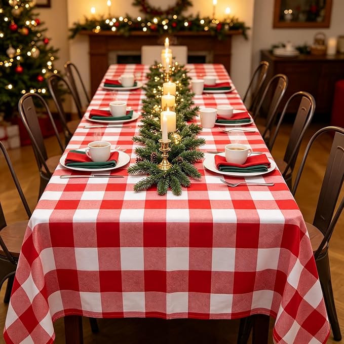 ShinyBeauty 60"x120" Red and White Rectangle Tablecloth Checkered Gingham | Red - Image 4