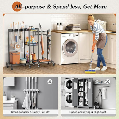 Broom Holder with Cleaning Supplies Organizer, Broom Closet Storage Cabinet with Cleaning Caddy Vacuum Stand, Cleaning Cart with Mop Hanger Gripper Rack Hook, Laundry Room Organization Home Essentials