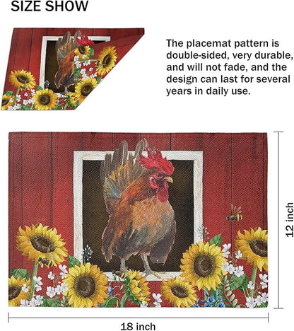 Watercolor Red Barn Cock Placemat Set of 6, Rooster Sunflowers Heart Heat-Resistant Washable Table Place Mats for Kitchen Dining Table Decoration