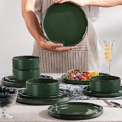 Herogo 12 Pieces Stoneware Dinnerware Set for 4, Ceramic Dinner Dishware Sets for Home Kitchen, Plates and Bowls with Rustic Terracotta Bottom, Dishwasher & Microwave Safe, Dark Green