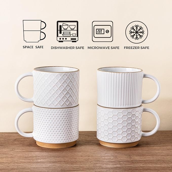 GBhome 12 OZ Stackable Coffee Mugs Set of 4, Ceramic Coffee Cups Set | 4 - Image 7
