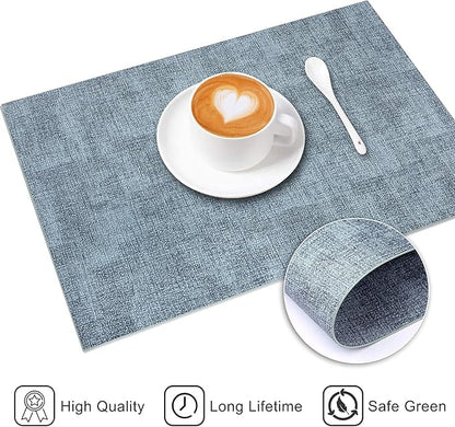 Leather Heat Resistant Placemats Set of 6 Waterproof Wipeable Washable PU Table Mats,Easy to Clean Anti-Slip Place Mats (Blue, 6)