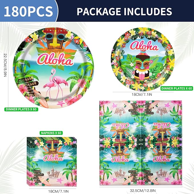 180PCS Hawaiian Aloha Plates and Napkins Party Supplies Serve 60 | Disposable - Image 2