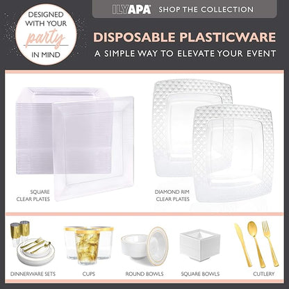 Ilyapa 50 Pack 6 Inch Disposable Dessert Plates, Plastic Party Sets for 50 Guests, Clear Appetizer and Cake Plates 6", Party & Dinner Accessories, Square