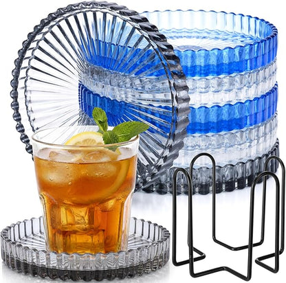 Remerry 6 Pcs Clear Crystal Coaster Set with Holder Glass Coasters for Drinks 4 Inch Drinks Crystal Round Cup Coasters Coffee Table Decor for Office Kitchen Bar Restaurant Patio (Classic Colors)