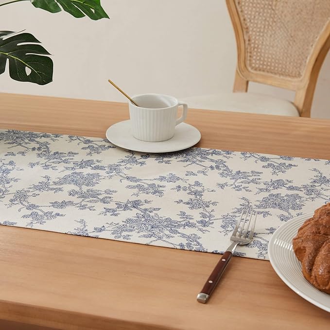 French Pastoral Farmhouse Table Runners, 13x90 Inch Blue | 100% Organic Cotton - Image 5