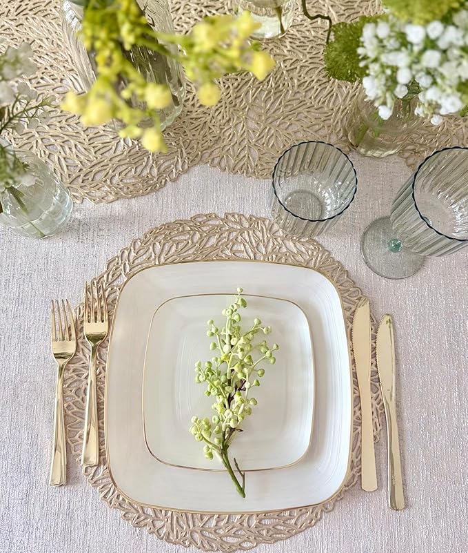 " OCCASIONS " 120 Pieces Pack,(60 Guests) Premium Wedding Party Disposable Plastic Plates Set -60 x 10'' Dinner + 60 x 7'' Salad/Dessert (Belize Square in Ivory & Gold)