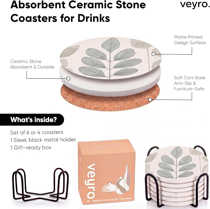 VEYRO Ceramic Coasters Set of 6 or 4 – Absorbent Stone Drink Coasters - Image 6