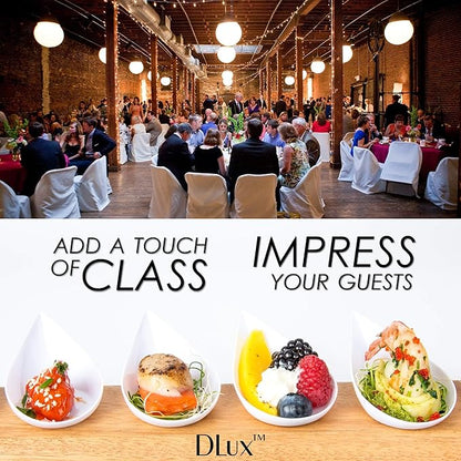 DLux 100 4-in Tear Drop Mini Appetizer Plates with Forks, Reusable White Plastic Spoons - Desserts and Appetizers Dishes Serving Plate - Asian Spoon Set, Small Catering Dessert Tasting Cups