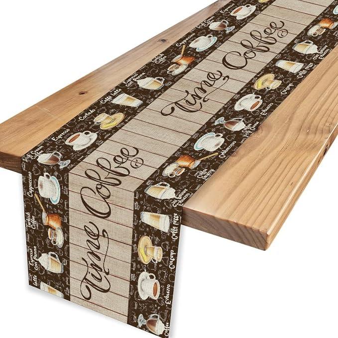 Coffee Time Table Runner, Retro Farmhouse Cafe Cup Tea Coffee Theme Wooden - Image 4