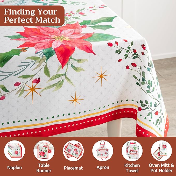 Maison d' Hermine Table Cloth Rectangle Table 100% Cotton 70 x 120 Inches Fall Tablecloth Reusable Everyday Use for Thanksgiving Christmas Decorations Dining Farmhouse Party (Poinsettia Christmas)