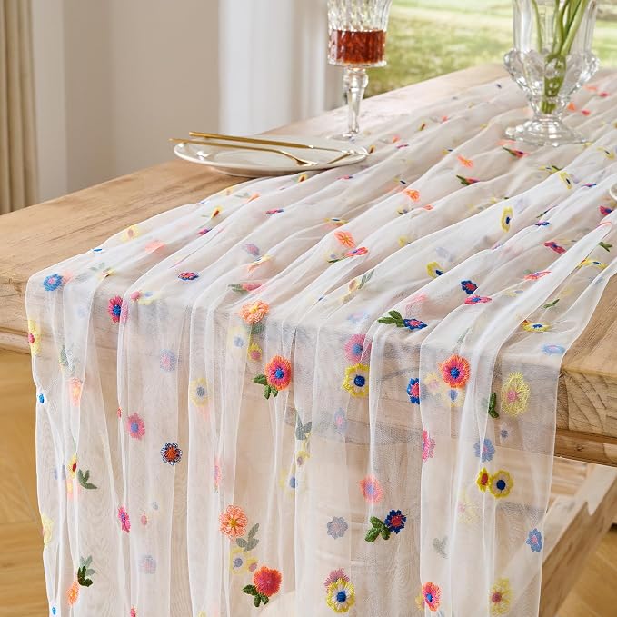 BINBE 3pcs Ivory Daisy Spring Table Runner Embroidery Gauze 10FT Florals by BINBE