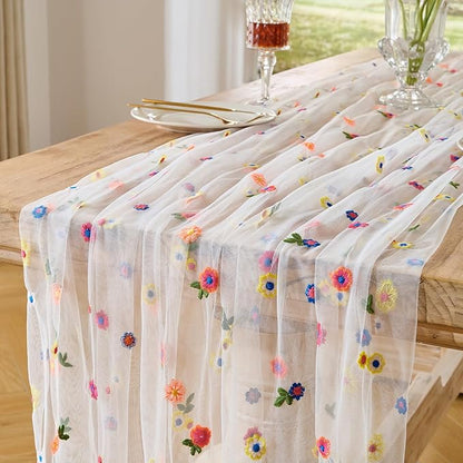BINBE 12pcs Daisy Spring Table Runner Embroidery Gauze 10FT Florals Seasonal by BINBE