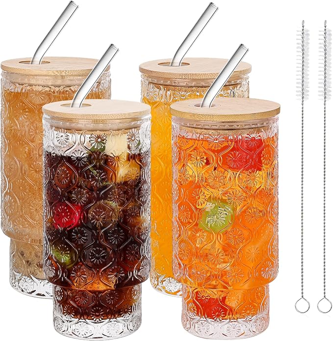 Vintage Glass Cups With Bamboo Lids And Straws 16 Oz, Vintage Tumbler Embossed by Elitrivox