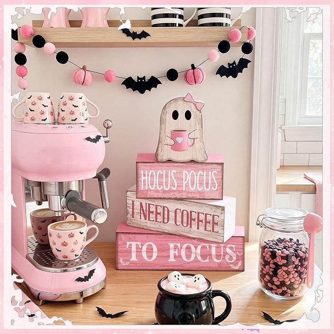 Moucuny 4 Pcs Pink Halloween Table Decorations Coffee Ghost Wooden Stacked - Image 7