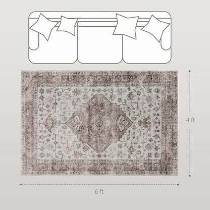 HOMCOM Washable Area Rug, 4'x6' Vintage Indoor Distressed Carpet, Retro Floor Cover Foldable, Floral Print Mat for Living Room, Bedroom, Dining Room, Tan
