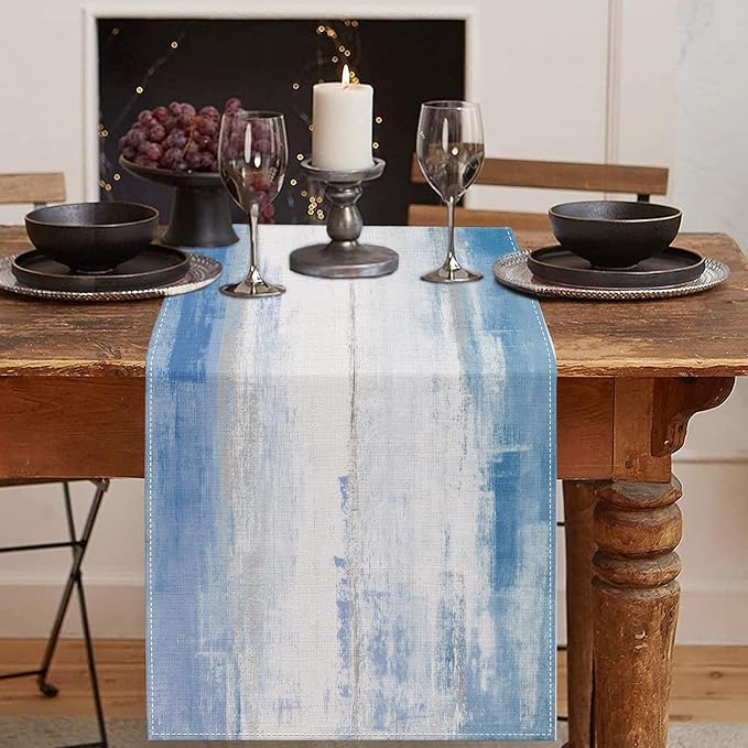 Emvency Table Runner, 13x72 Inch, Abstract Farmhouse Blue | Grey Art Dining by Emvency