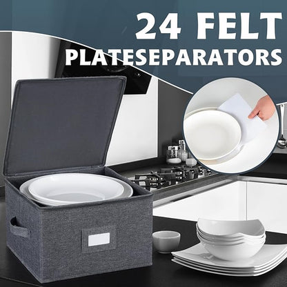 popoly China Storage Containers Hard Shell Inside 12" W x 8" H, Dinner Plate Storage Containers for Dishes, Dinnerware with 24 Felt Dividers, Hold 24 Plates, Stackable (2 Pack Grey)