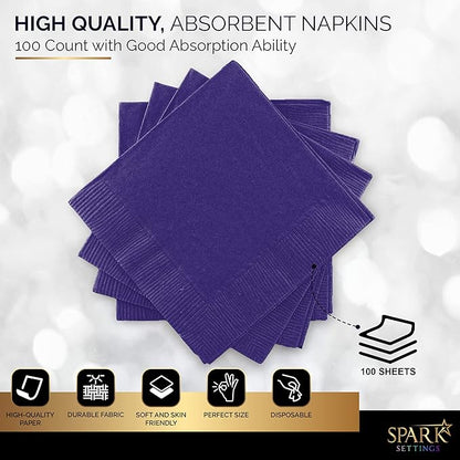 100 Pack Purple Beverage Napkins, Big Party Pack, 2 Ply, Ideal for Wedding, Party, Birthday, Dinner, Lunch, Cocktails. (5” x 5”) by Amcrate