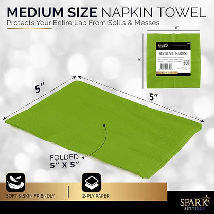100 Pack Kiwi Green Beverage Napkins, Big Party Pack, 2 Ply, Ideal for Wedding, Party, Birthday, Dinner, Lunch, Cocktails. (5” x 5”) by Amcrate