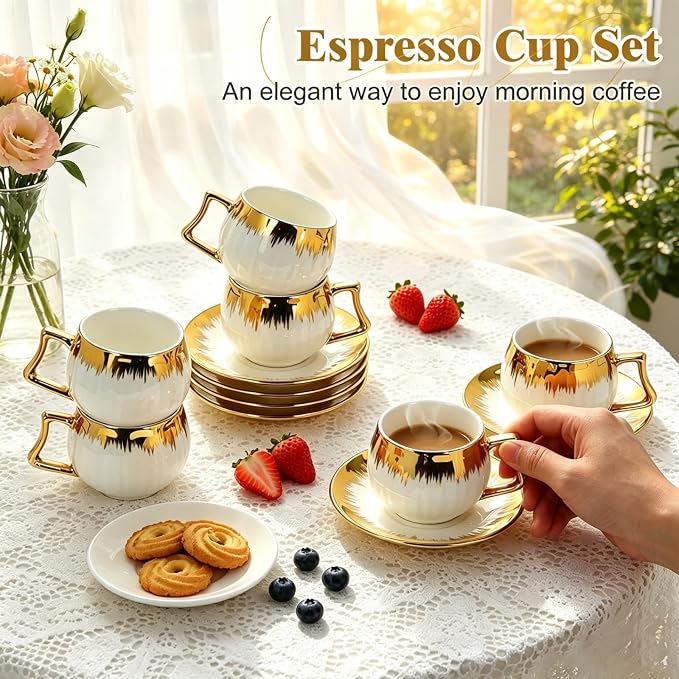 3.5 OZ Espresso Cups with Saucers, Ceramic Coffee Cup Set of 6, Turkish Coffee - Image 5
