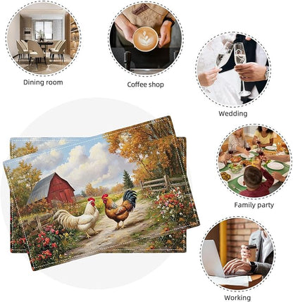 Farmhouse Rooster Placemats Set of 6, Farm Chicken Place Mats, Rustic Farm Coop Waterproof Washable Table Mats for Home Party Indoor Kitchen Dining Table Decoration 12x18 Inch