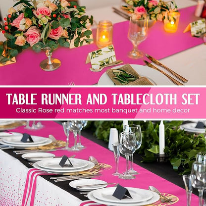 Breling 8 Pack White and Hot Pink Disposable Plastic Tablecloths and Satin Table Runner Set, 54 x 108 Inch Tablecloth, 12 x 108 Inch Table Runners for Birthday Baby Shower Wedding Graduation