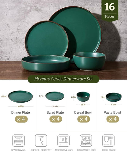 Famiware Mercury 16-Piece Stoneware Plates and Bowls, Dark Green | Dinnerware - Image 2