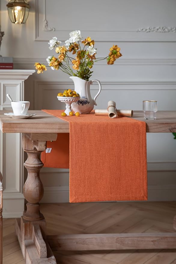 Burlap Style Farmhouse Table Runner, 14x36 Inches Harvest Pumpkin | Thick - Image 3