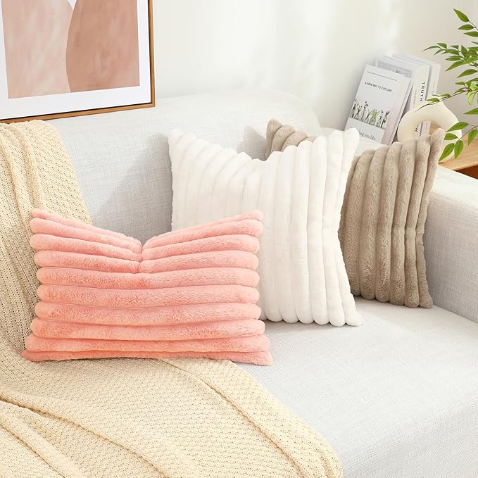 decorUhome Cozy Faux Fur Throw Pillow Covers 12x20 Set of 2 Decorative Plush Striped Lumbar Modern Farmhouse Boho Couch Pillow Cases with Velvet Back for Sofa Bed Living Room Valentines, Blush Pink
