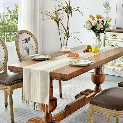 Wracra Linen Table Runner, Stripe Table Runners 108 Inches Long Light Coffee - Image 7