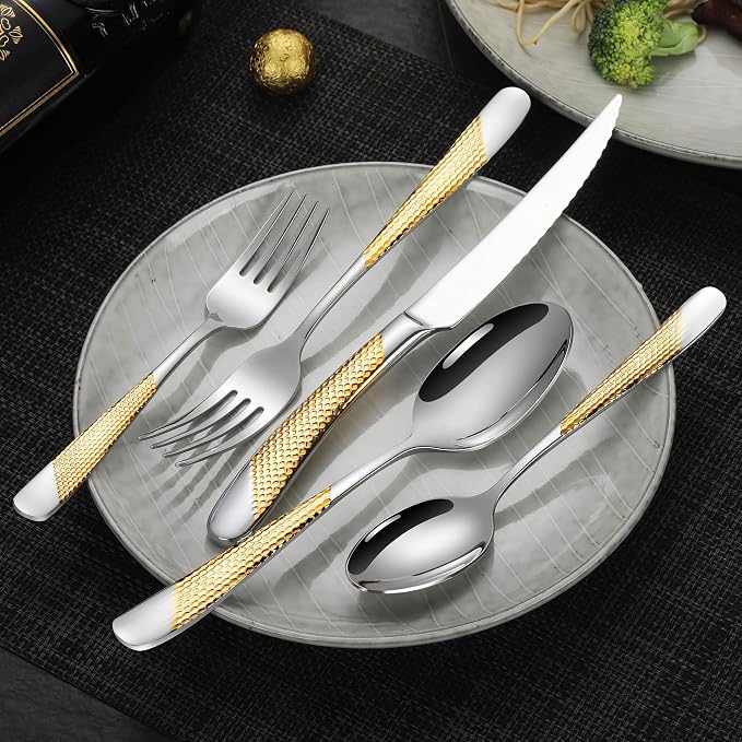 40-Piece Hammered Silver Gold Silverware Set - Image 3