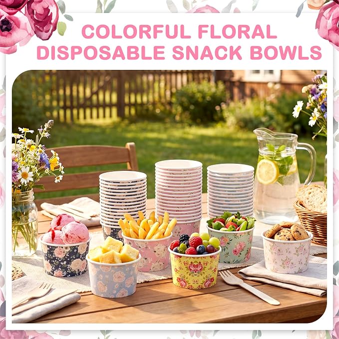 CHENGU 180 Pcs Floral Snack Cups 9 oz Disposable Floral Paper Dessert Bowls - Image 4