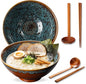 8 Inch Ceramic Ramen Bowl Set of 2, 40oz Japanese Bowls with Spoons & Chopsticks,Durable,Microwave & Dishwasher Safe,Perfect for Ramen,Pho,Salad,Soup,Noodles，Mixing bowls（Verdigris Green）