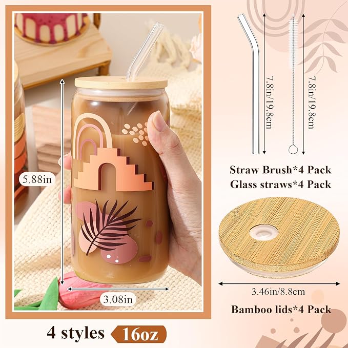 Mumufy 4 Pack Wildflower Glass Cups Gift Aesthetic Cute Glass Cup Tumbler - Image 2