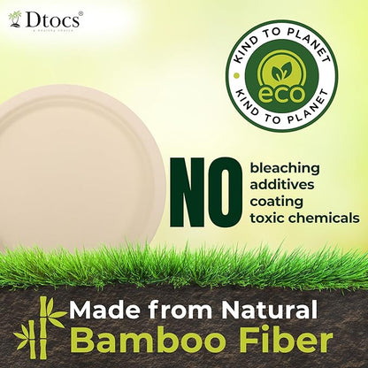 Dtocs Bamboo Fiber Plates 10 Inch Round (50 Pcs) | Bamboo Plate Disposable Dinnerware Set for Party, Dinner, BBQs, Wedding | Sustainable Platter for Hot, Cold Food | Alt to Plastic, Wood, Paper Plates