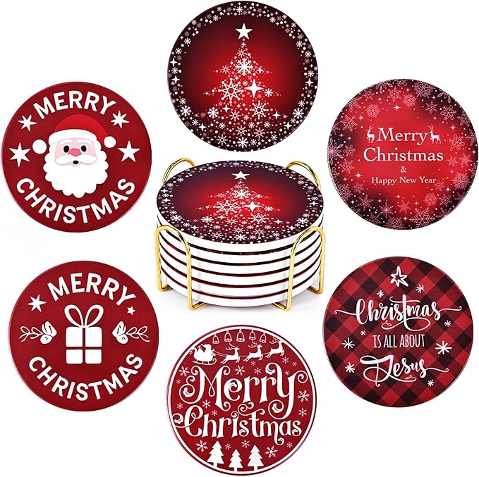 Christmas Coasters Set of 6, Absorbent Ceramic Xmas Holiday Drink Coasters | 4 by GOHDODD