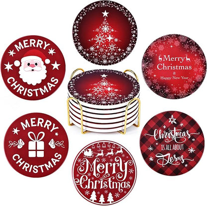 Christmas Coasters Set of 6, Absorbent Ceramic Xmas Holiday Drink Coasters | 4 by GOHDODD