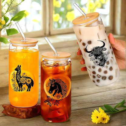 Cute Llama Glass Cup With Lids And Straws, Llama Gift For Women, Iced, Coffee, Smoothie, Cocktail, Beer, Whiskey, Soda, Matcha,16 Oz, Home Office Table Desk Decoration!