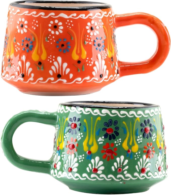 BCS 6 Oz Cappuccino Cups Set of 2, Hand-Painted Ceramic Coffee & Tea Mugs | by BCS