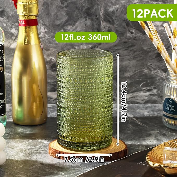 Moretoes12 Pack 12 Oz Green Hobnail Drinking Glasses Set, Water Glass Cups | - Image 3