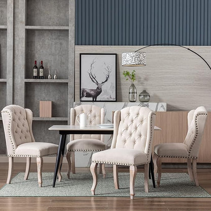 Dining Chairs Set of 4 Farmhouse Linen Fabric Upholstered Accent Chairs Tufted Wingback Host Side Chair for Kitchen/Dining Room/Living Room/Bedroom, Cream