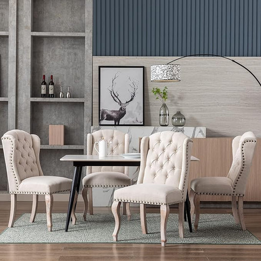 Dining Chairs Set of 4 Farmhouse Linen Fabric Upholstered Accent Chairs Tufted Wingback Host Side Chair for Kitchen/Dining Room/Living Room/Bedroom, Cream