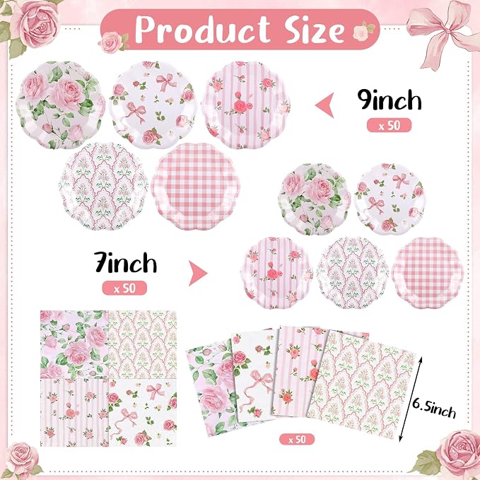 NatNarr 50 Set Pink Floral Plates and Napkins Fancy Tea Party Decor | 9" Floral - Image 2