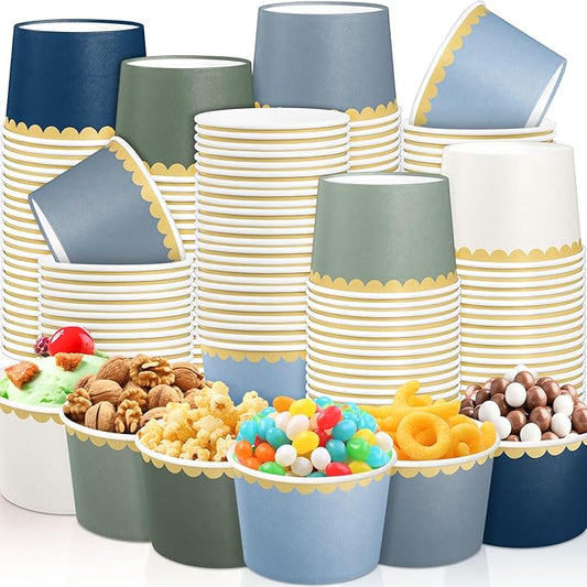 Zopeal 96 Pcs Winter Disposable Ice Cream Bowls 9oz Dusty Blue and Green Gradient Color Paper Snack Cups with Gold Scallop for Parties, Weddings, Baby Showers, Desserts, Yogurt, and Salads
