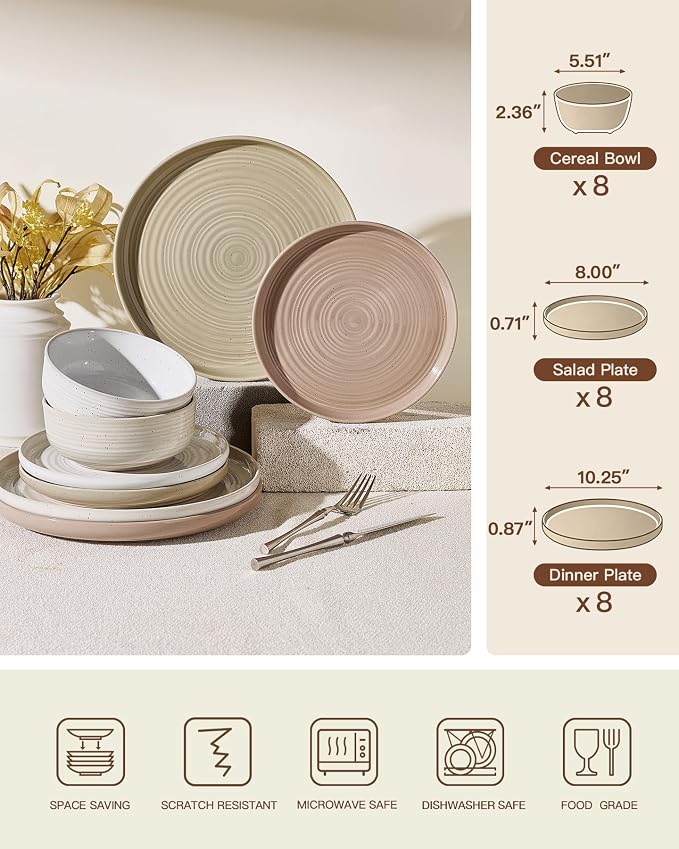 Stoneware Dinnerware Set for 8, Plates & Bowls, Chip & Scratch Resistant - Image 7